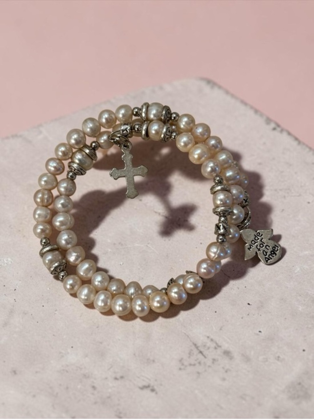 🫶🏻 Peachy Pink Pearl Cross & Angel Charm Wrap Bracelet